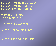 Text Box: Sunday Morning Bible Study:Sunday Morning Worship:Sunday Evening Worship:Women’s Ministry:Men’s Bible study:Mid-Week Devotional:Sunday Fellowship Lunch:Sunday Singing Fellowship: